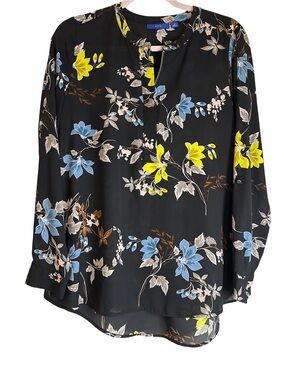 Apt. 9 Black Floral Split-Neck Blouse with Blue & Yellow Flowers, NWOT Sz M